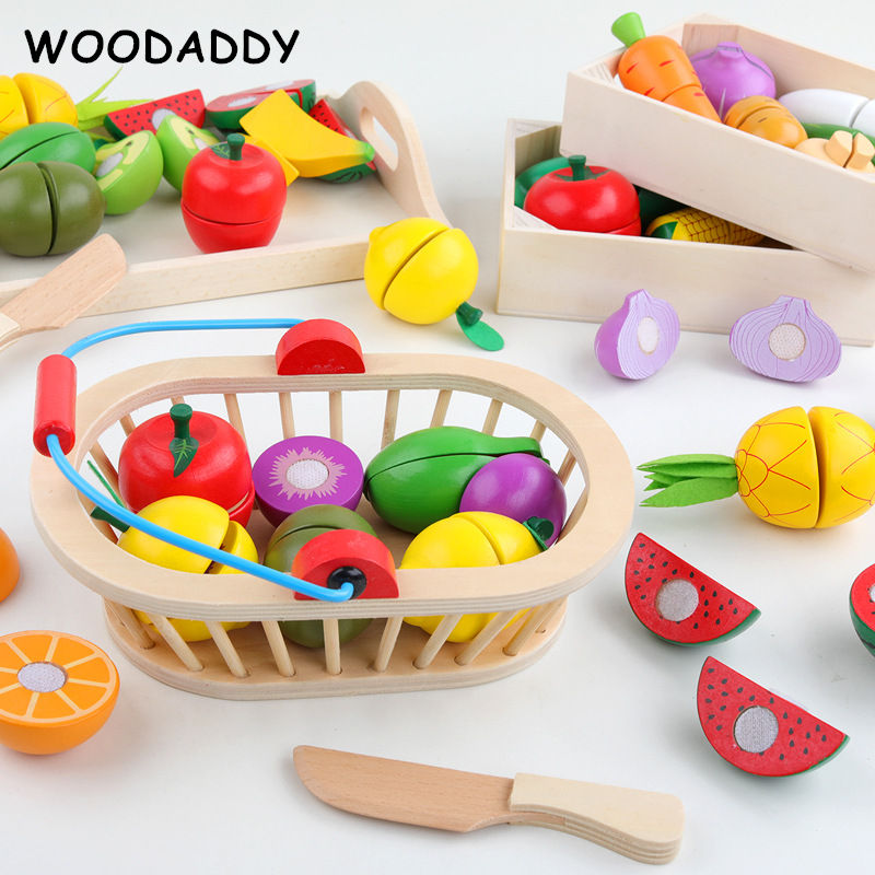 WOODADDY Simulation Gemüse/Obst Schneiden Set Holz Spielzeug Für Kinder Holz Tablett/Korb Lebensmittel Küche Spielzeug Bildungs Mädchen