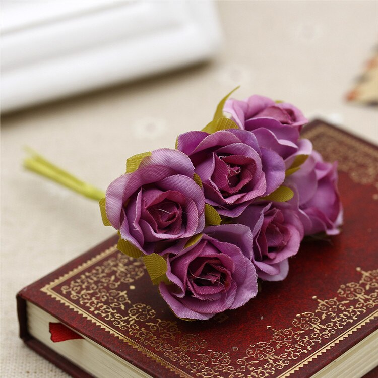Buquê de flores artificiais 6 peças, mini rosas, para casamento, decoração para casa, para scrapbooking, artesanato faça você mesmo, caixa de doces, decoração de presente: ROXO