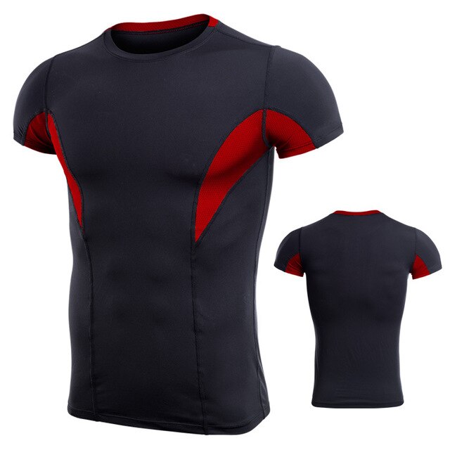 Sportshirt heren fitness hardloop t-shirts korte mouwen top t-shirts elastische sportkleding sportschool bodybuilding training t-shirt rashgard: Zwart rood / Aziatische maat xxl