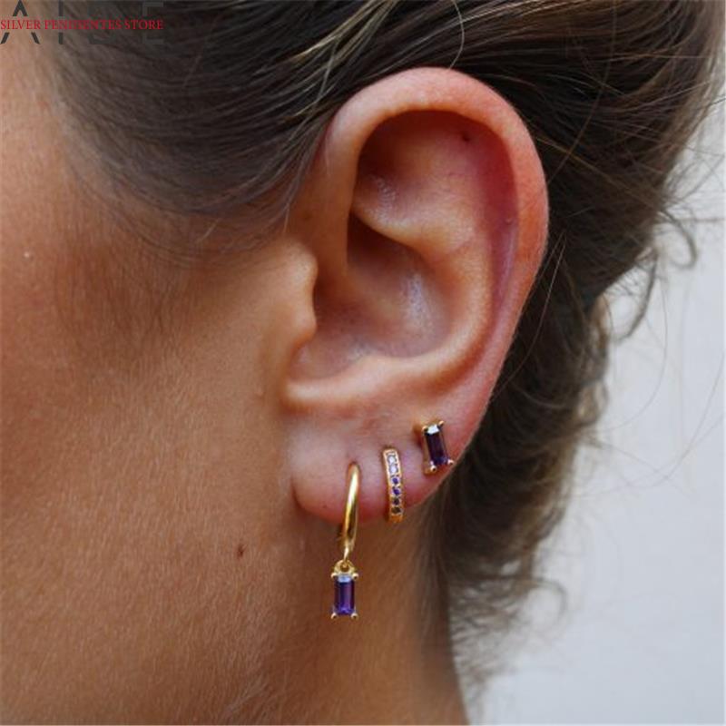 AIDE 3 piezas para mujer, Pendientes colgantes de circón verde, negro, blanco y púrpura, aros chapados en oro, joyería de