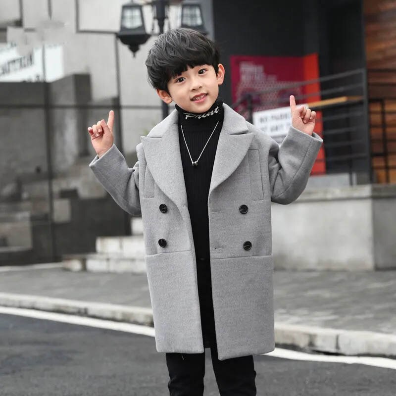 Zimowa wełna i kurtka z tkanin mieszanych dla chłopców nowość 2022 wersja koreańska moda zagęścić średniej długości odzież dziecięca w stylu zachodnim: szary / 14 t