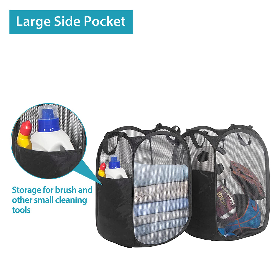 Large Pop-Up Laundry Hamper Collapsible Laundry Baskets With Durable Handles/Side Pocket for Dorm Bedroom Bathroom Laundry Room