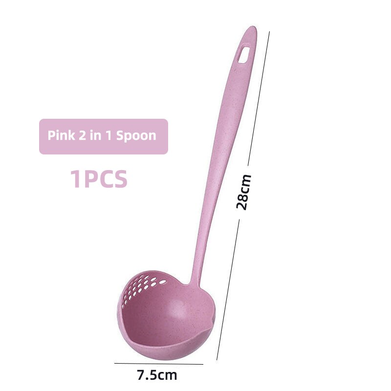 Obelix 2 in 1 Wheat Straw Soup Spoon Long Handle Porridge Spoons Meal Filter Tableware Home Cooking Tools Kitchen Accessories: Pink-1PCS-A