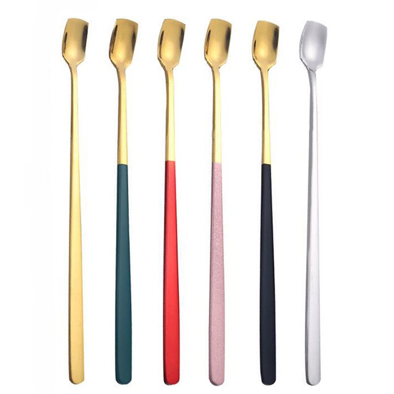 Cucharas cuadradas de acero inoxidable para agitar café, Mini cuchara de postre y helado, vajilla de cocina, mango largo, , 1 ud.