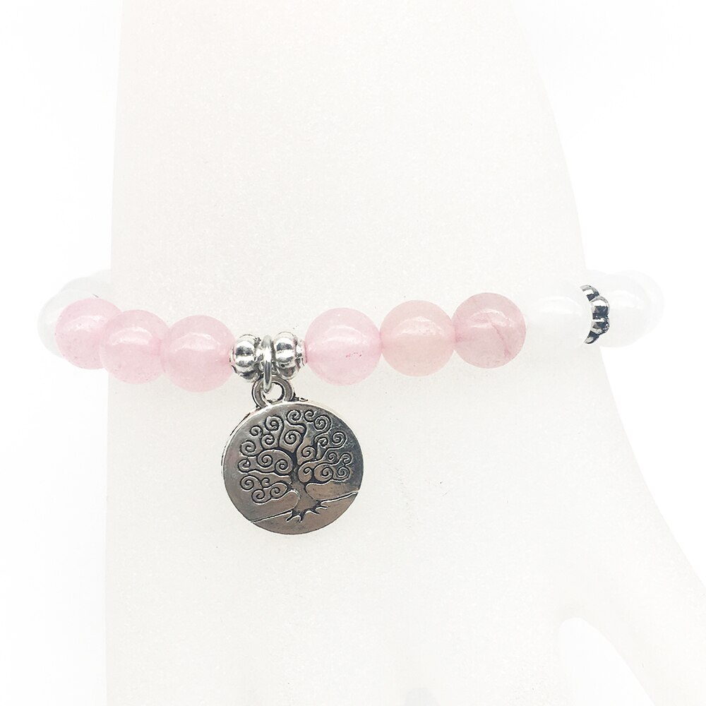 Sn1307 damesarmbanden van witte kralen, rozenkwarts met een levensboom-bedel, het beste voor haar