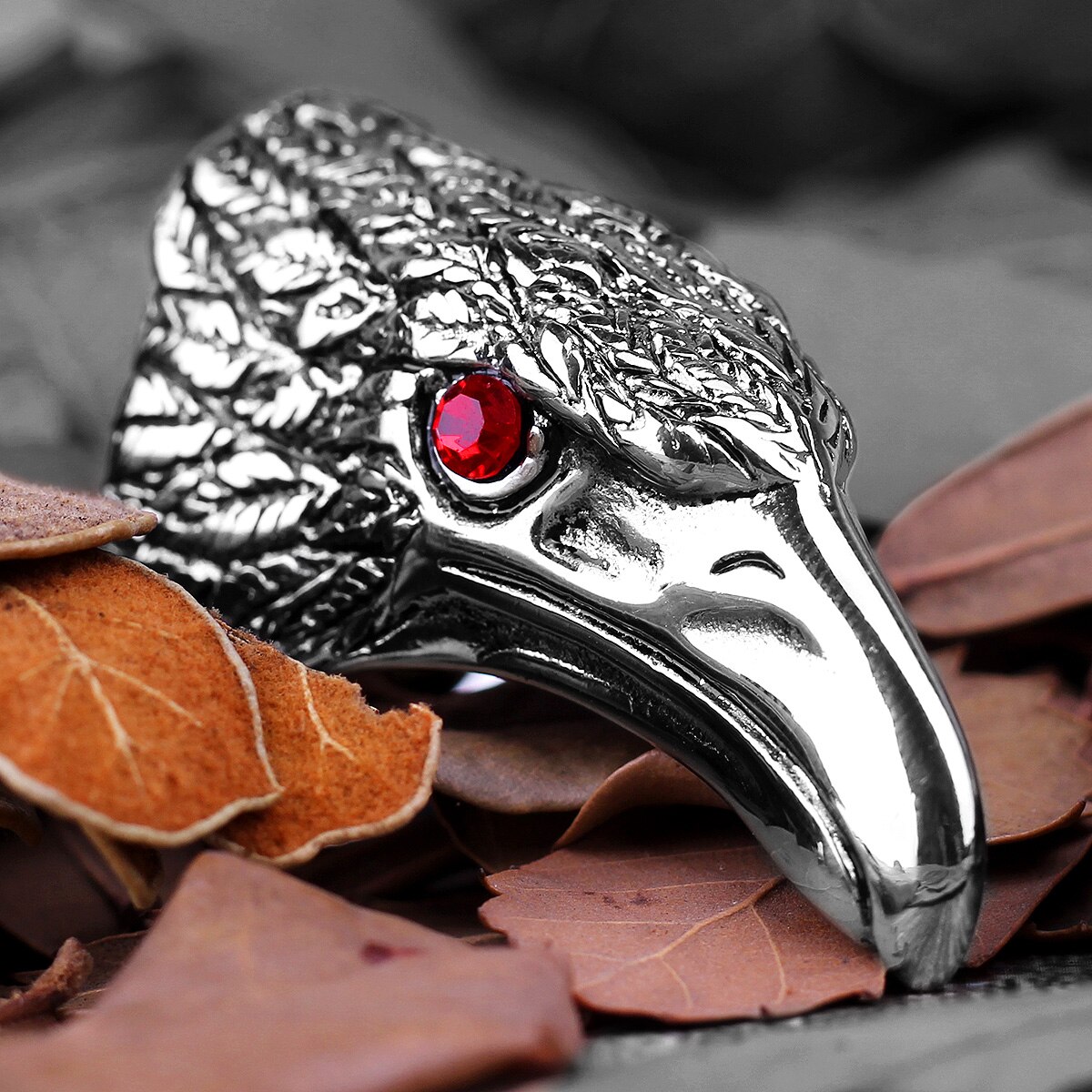 De acero inoxidable hombre anillos Rock Punk Hip Hop Cuervo pájaro cabeza roja de diamantes de imitación de personalidad para hombre niño de joyería de