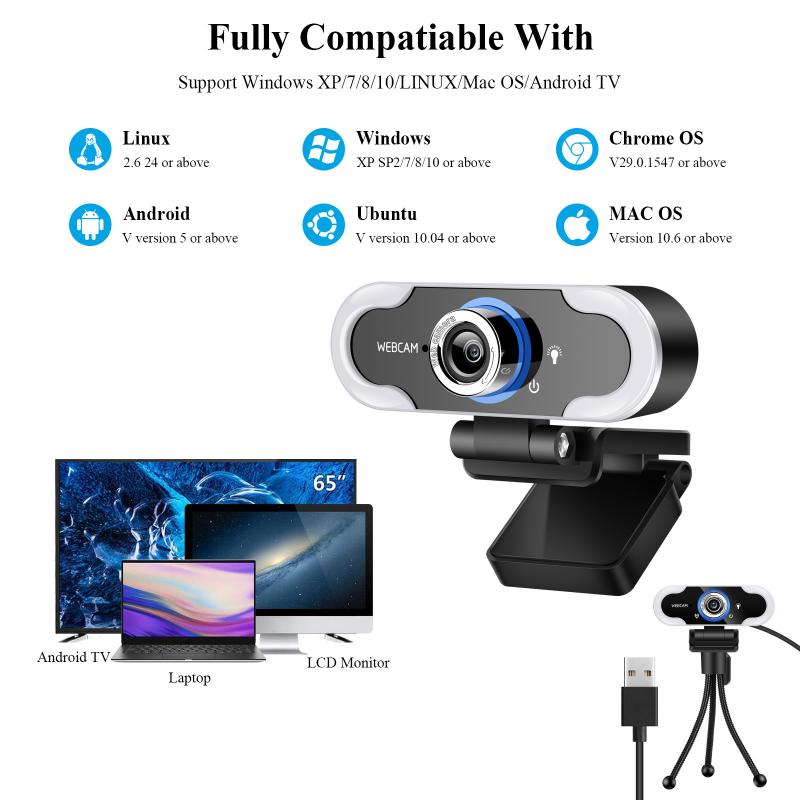 Webcam HD 1080P avec Microphone, caméra USB, éclairage annulaire LED, pour vidéo Live, ordinateur portable, TSLM1