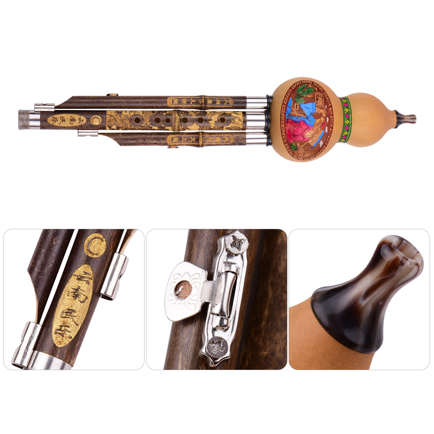 3 Tone C-Key Hulusi Gourd Cucurbit Flute Black Bamboo Pipes Chinese Traditional Instrument with Chinese Knot Carry Case