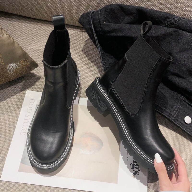 Botas Chelsea de cuero de , botines de mujer Otoño Invierno , botines de mujer de tacón grueso, zapatos de punta cuadrada para mujer