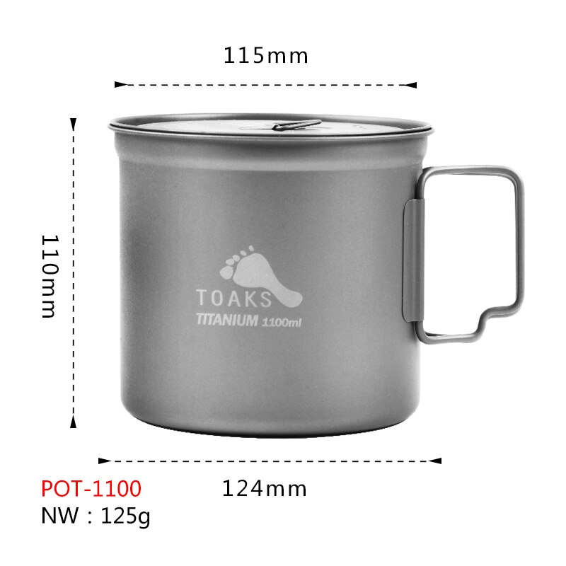 TOAKS 1100ml Titanium Pot Outdoor Camping Ultralight Titanium Cup with Cover POT-1100 with Mesh bag