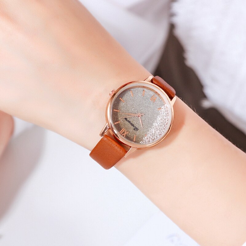 Scroll diamant dames casual leren dameshorloge quartz polshorloge sterrenhemel damesklok reloj mujer relogio feminino: Koffie