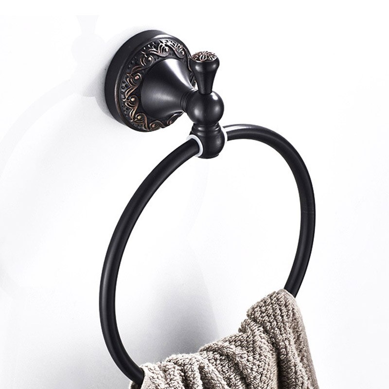 Anit-rust badeværelse håndklædeholder, massiv kobber vægmonteret rund sort håndklæde ring, klassisk håndklædestativ med blomster udskåret