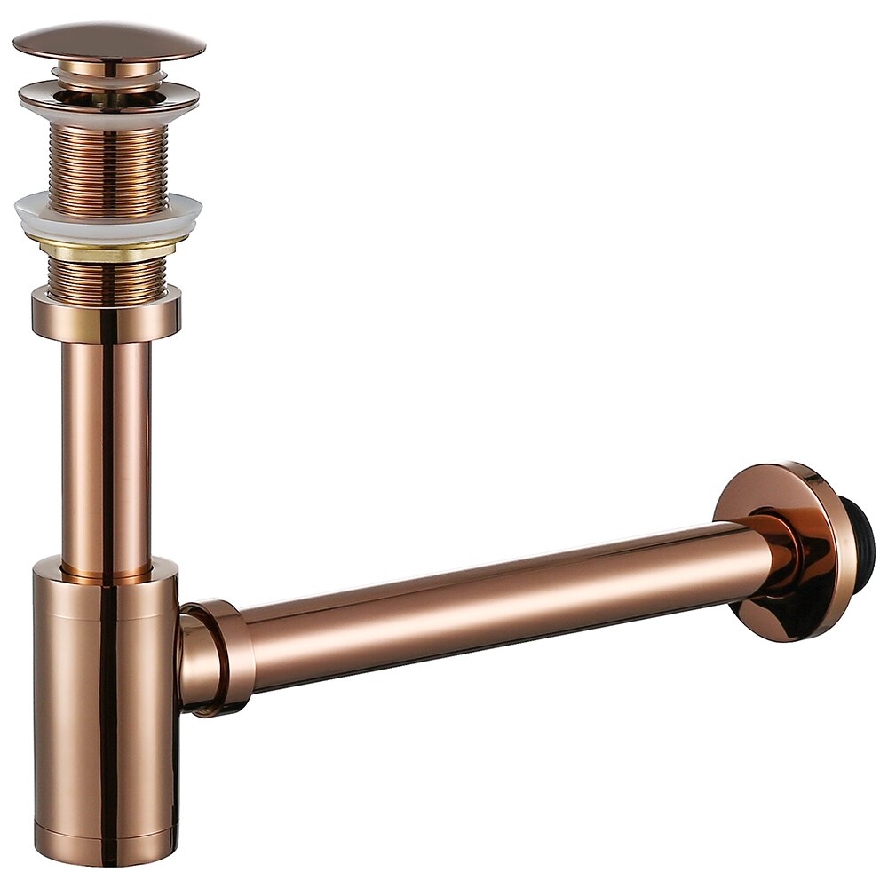 Rose Gold Fles Val Ronde Sifon Massief Messing P-TRAP Badkamer Ijdelheid Wastafel Pipe Afval Messing Pop Up Afvoer Met Over flow.
