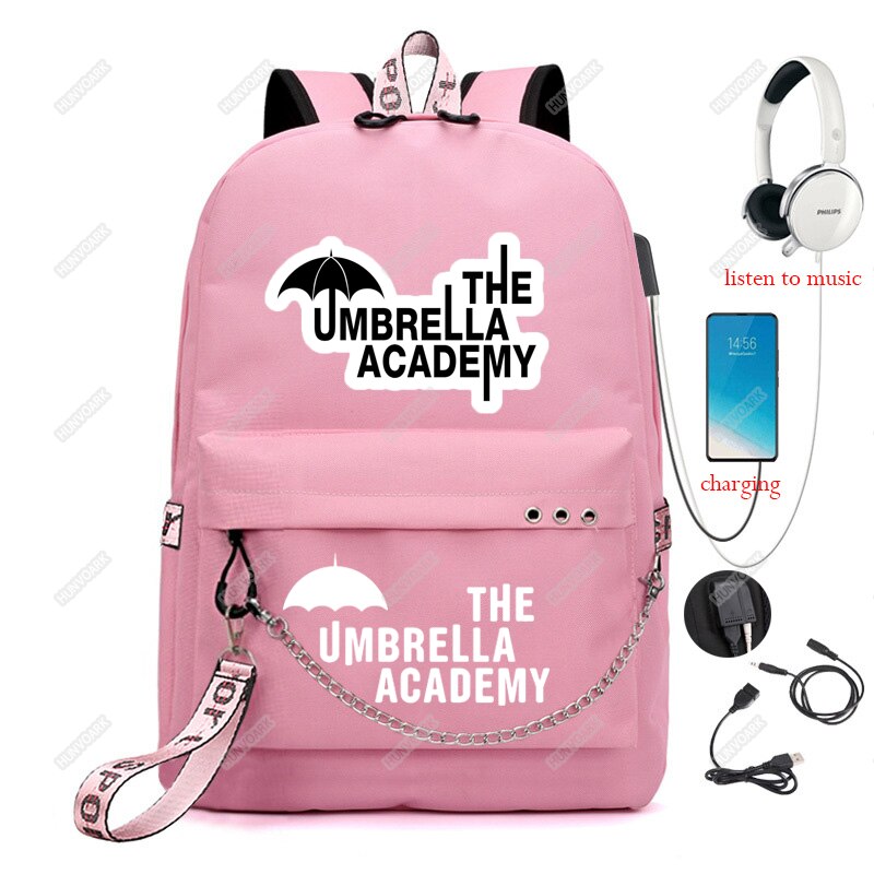 Mochila De La Academia paraguas Usb para hombre y mujer, Bolsa Escolar para ordenador portátil, mochila de viaje, Mochilas de ocio con cadena: Pink-3