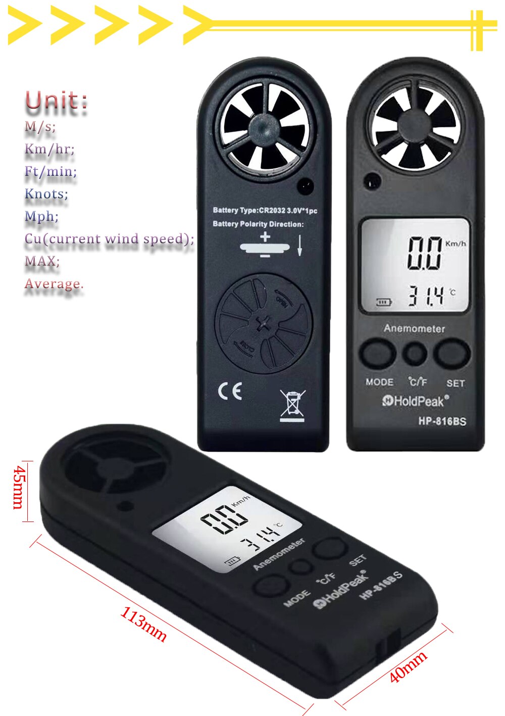 Mini Handheld Anemometer HoldPeak HP-816B with Wind Temperature Measurement and Wind Speed Range 0.3 -30m/s