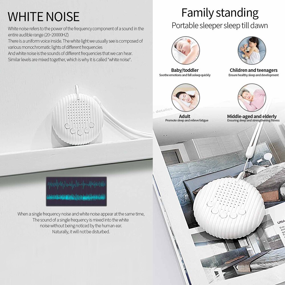 Portable Baby Sleep Machine White Noise Sound Machine 10 Soothing Sounds Timer Volume Adjustable Built-in Battery Rechargeable
