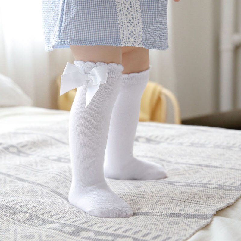 gros nœuds doux coton bébé fille chaussettes couleur unie blanc rose nœud papillon prix filles Kneed chaussettes hautes enfant en bas âge fille longues chaussettes