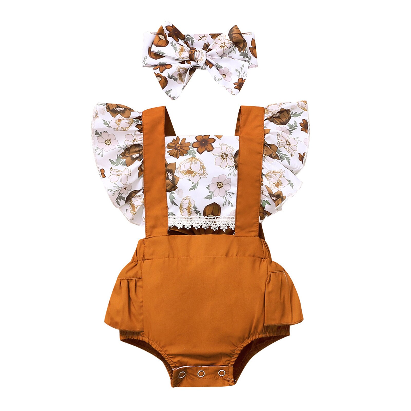 Vêtements pour bébés filles, -né, body à volants, imprimé Floral, vêtements pour enfants, combinaison mignonne, ensembles tête,: WHITE / 100