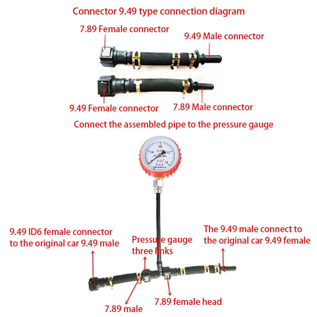 0-1MPA Motorcycle Car Fuel Pressure Gauge Car Gasoline Pressure Gauge Meter Tester Tool With 7.89 And 9.49mm Connector