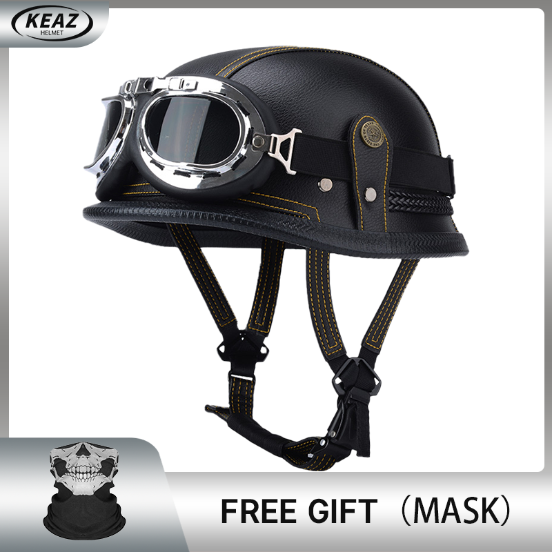 Casque demi-visage en cuir de Style allemand pour moto, prix d'usine, Cap1/2 approuvé par le DOT, casques + lunettes à visage ouvert
