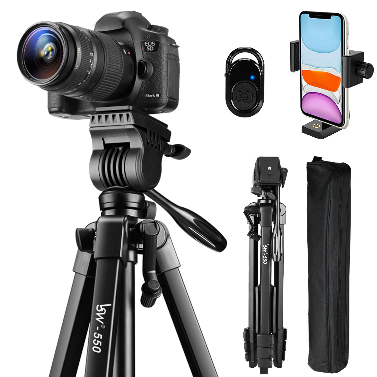 Stativ för 152cm kameror för dslr/slr med vätskehuvud i aluminium, fotostativ med telefonhållare &amp; avlägsen