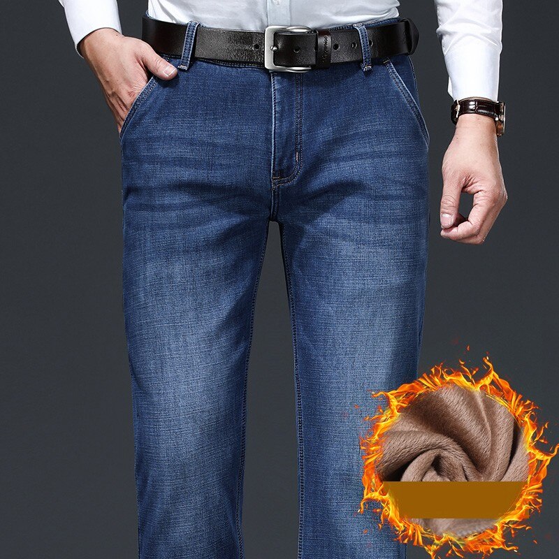 Vinterjeans mænd sort slim fit stretch tykke fløjlsbukser varme jeans casual fleecebukser herre plus str.
