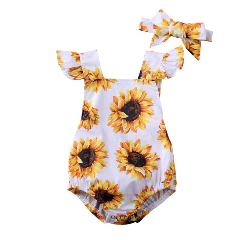 Babymeisjes jongens bodysuit zonnebloemen print ruches mouw jumpsuit hoofdband outfits kleding zomer