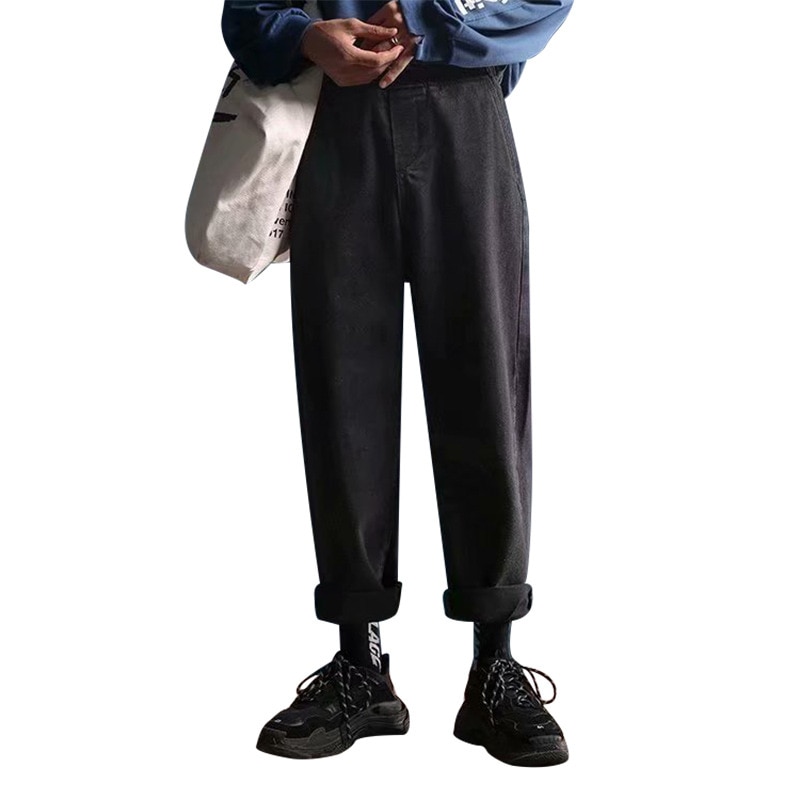 Män solida lösa jeans herr höst vida jeans byxor jeans man vintage raka ankellånga jeans plus storlek