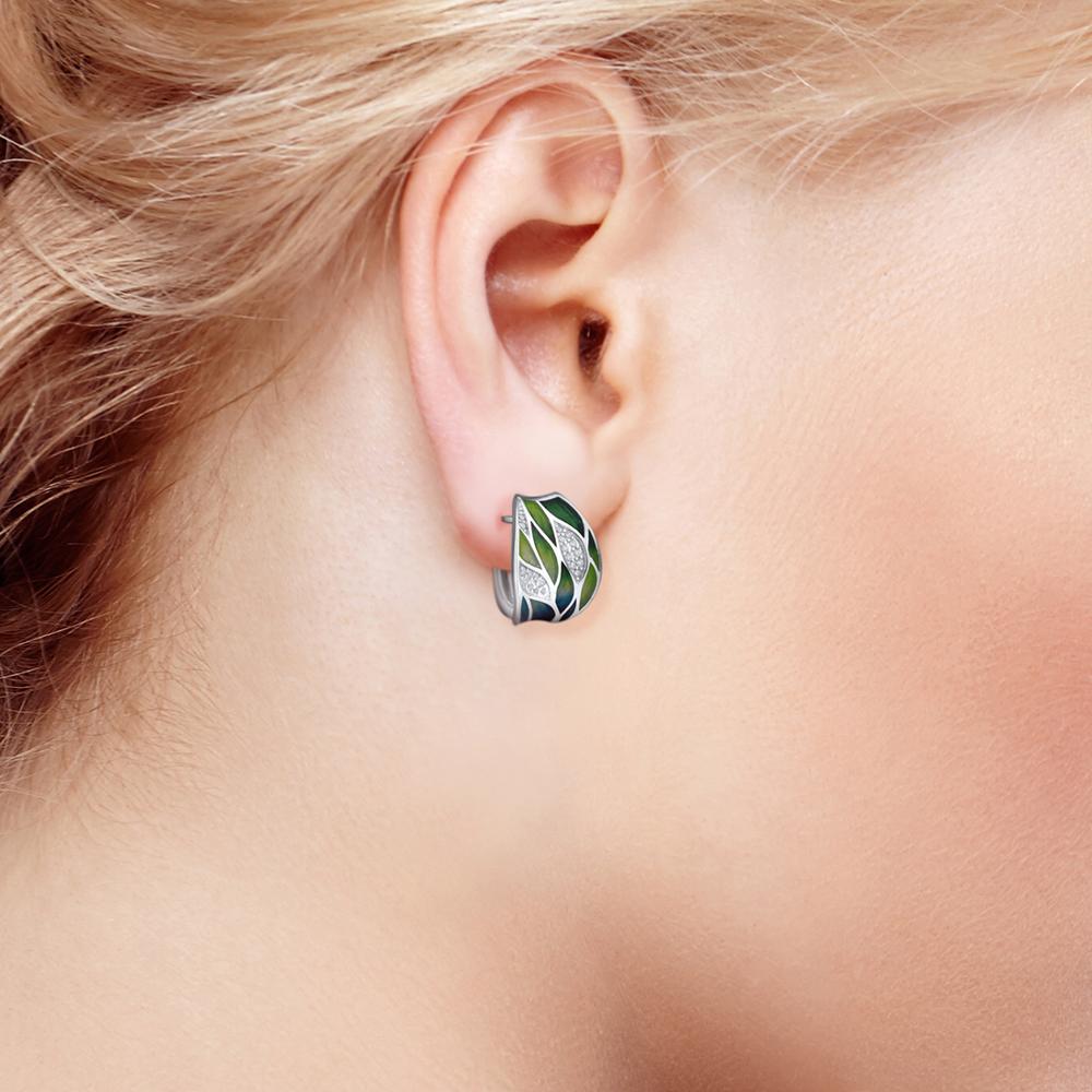 SANTUZZA Silver Earrings For Women Genuine 925 Sterling Silver Green Bamboo leaves Shiny White CZ Fine Jewelry Handmade Enamel