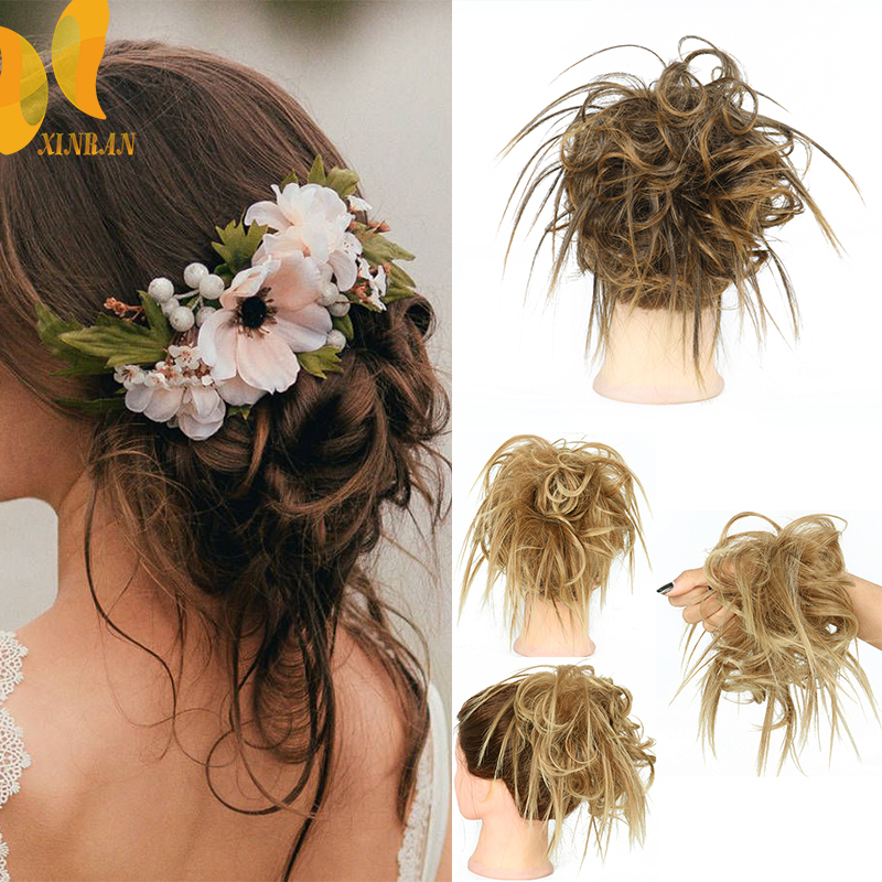 Xinran syntetisk hårstykke rodet knold pjusket hårstykke elastikbånd chignon hår krøllet scrunchie updo cover til kvinder 17 farver