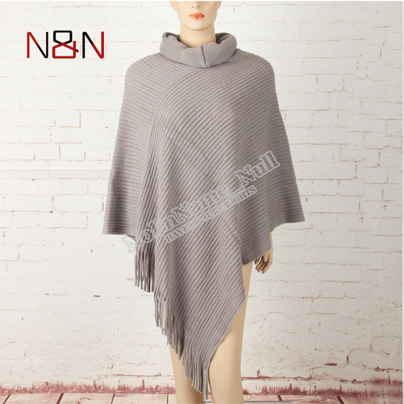 Vinter stickad tröja dam lång poncho och capes tjocka varma pullovers solid tofs fladdermus ärm tunna tröjor: D