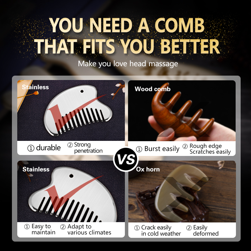 Pettine portatile multifunzionale con ciondolo in metallo Pettine per capelli in acciaio inossidabile gua sha Pettine portatile Pettine per massaggio portatile 2 in 1