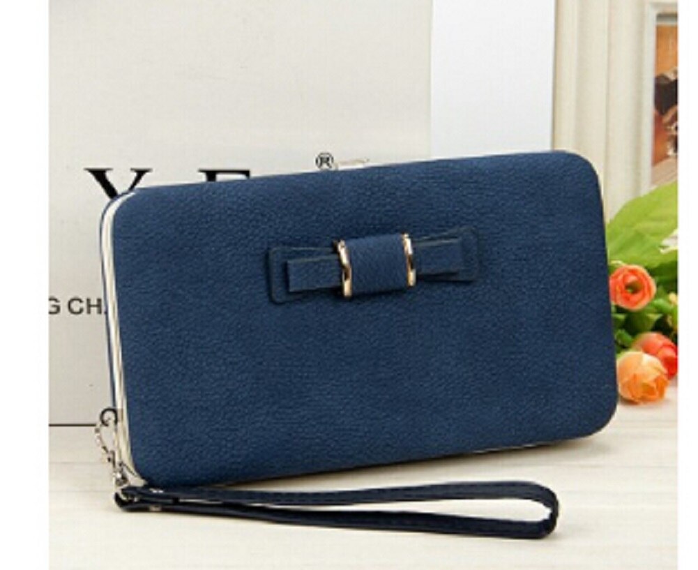 Portemonnee vrouwen Lange Card Hold Boog knoop Grote Capaciteit Lunchbox Mobiel Effen Pocket Purse: Blauw