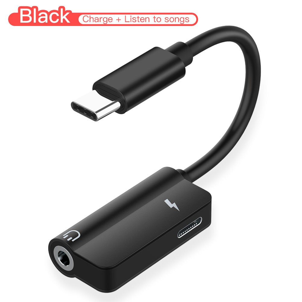 2 in 1 Verlichting Lader Luisteren Adapter Voor Type-C mobiele telefoon Splitter charger Connector voor Huawei Samsung usb c opladen: Black