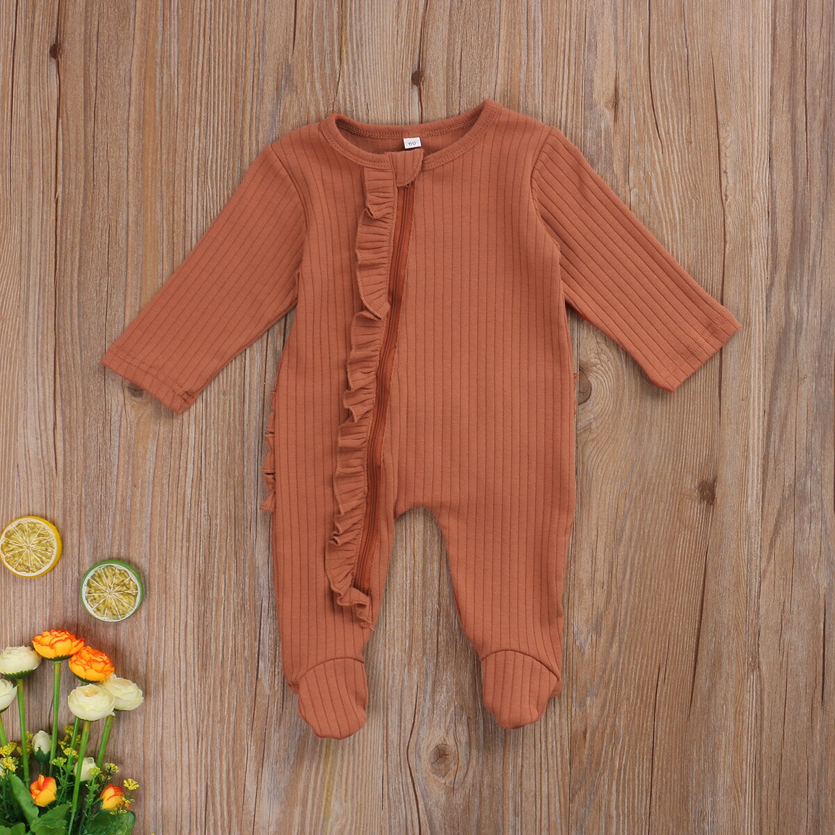 Neugeborenen einteiliges Footed Pyjamas, Infant Einfarbig Langarm Rundhals Rüschen Nachtwäsche: Orange / 3M