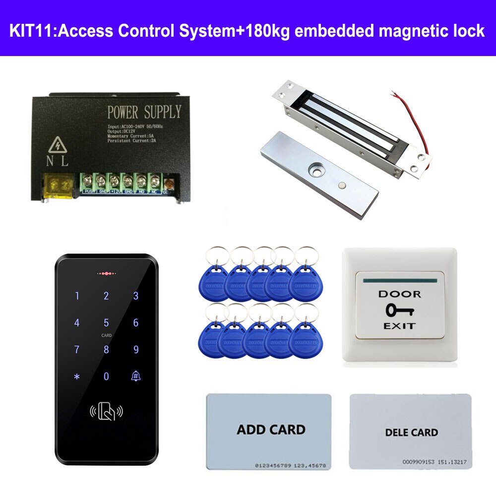 Diverse dør adgangskontrol system kit id tastatur adgangskontrol + strømforsyning + udgangsknap + elektriske dørlåse til kontor: Hvid