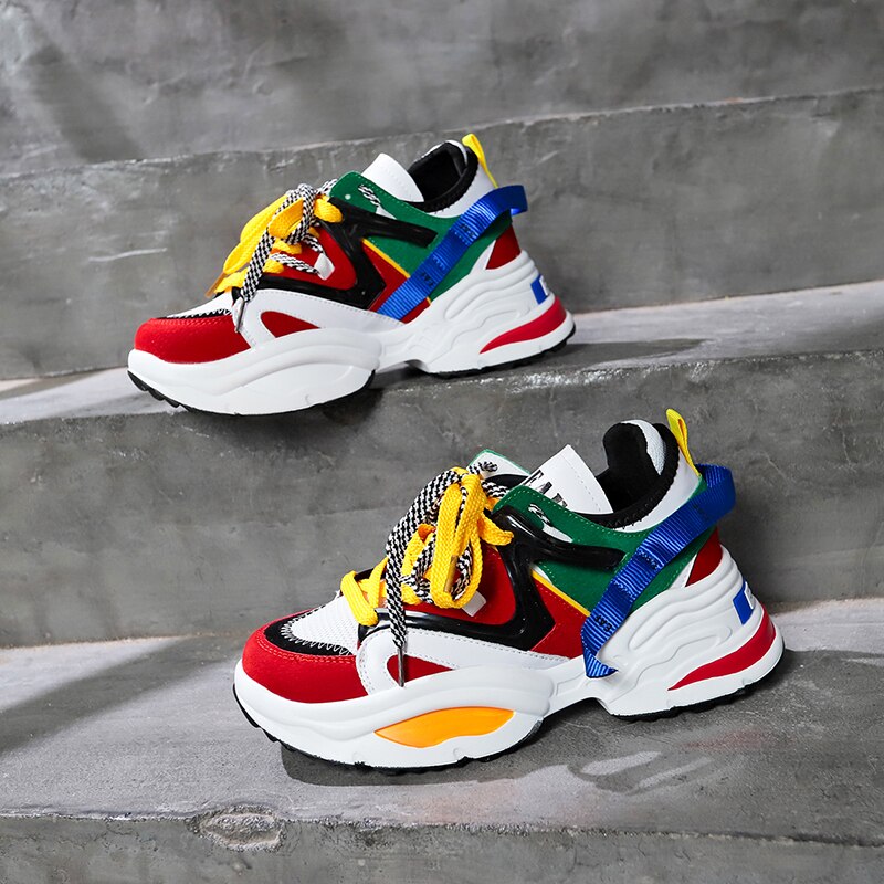 Women's Platform Sneakers - 6cm Height Increasing - Colored Ribbons - Lightweight Running Shoes