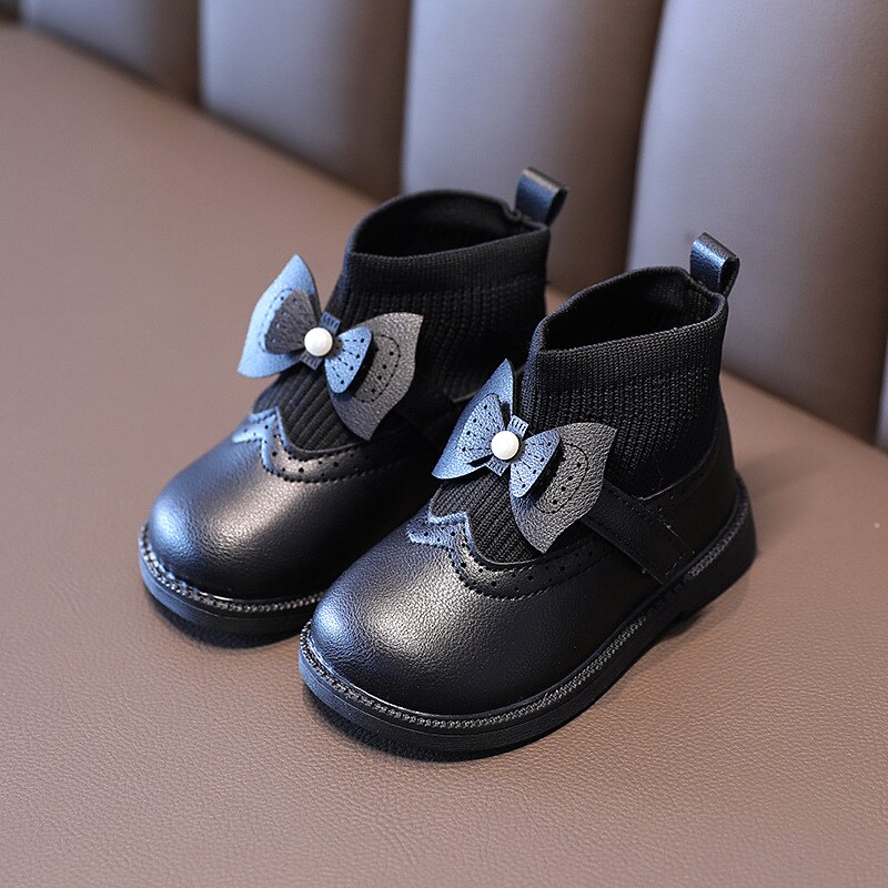 Hiver infantile enfant en bas âge bottes de neige bébé filles bottes décontractées fond mou noeud papillon princesse tricoté bottes enfants enfants chaussures de plein air: Black / (Insole 13.5cm)