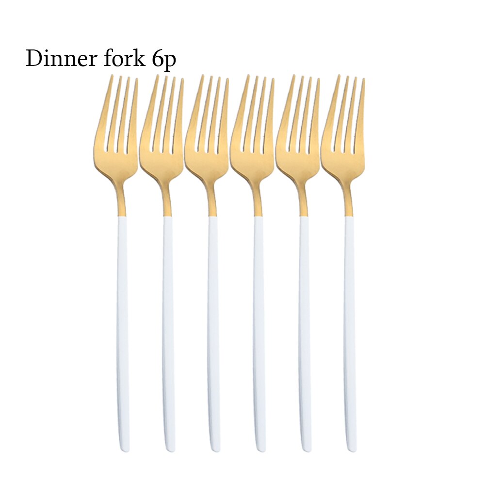 6Pcs Bestekset Rvs Zilverwerk Mes Vork Thee Lepel Servies Wit Goud Servies Bestek Keuken Diner Set: Dinner fork
