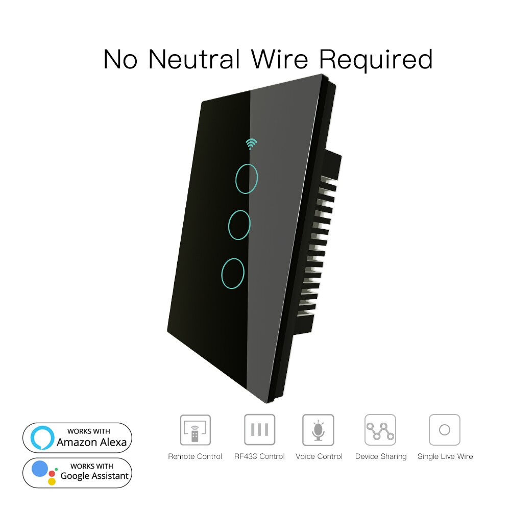 Rf433 wifi smart wall touch switch ingen neutral ledning nødvendig smart single wire wall switch arbejde med alexa google home 170-250v: 3 bånd sort