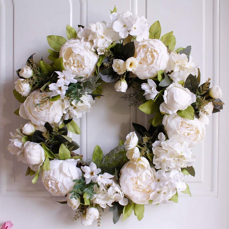 16 tommer pæon hortensia krans, kunstig pæon blomst krans dør krans med grønne blade forår krans til hoveddøren, bryllup