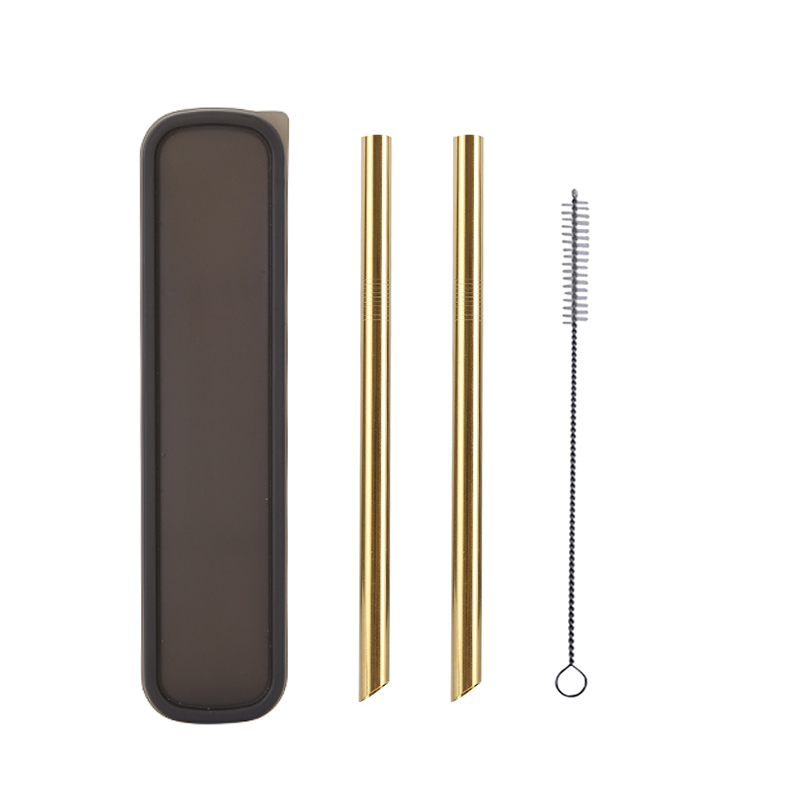 2Pcs Metall Wies Ende Stroh + 1Pc Pinsel Regenbogen Trinkhalme Wiederverwendbare Strohhalme 12mm * 215MM mit Tragbaren Box Oder Tasche: Black Box Gold