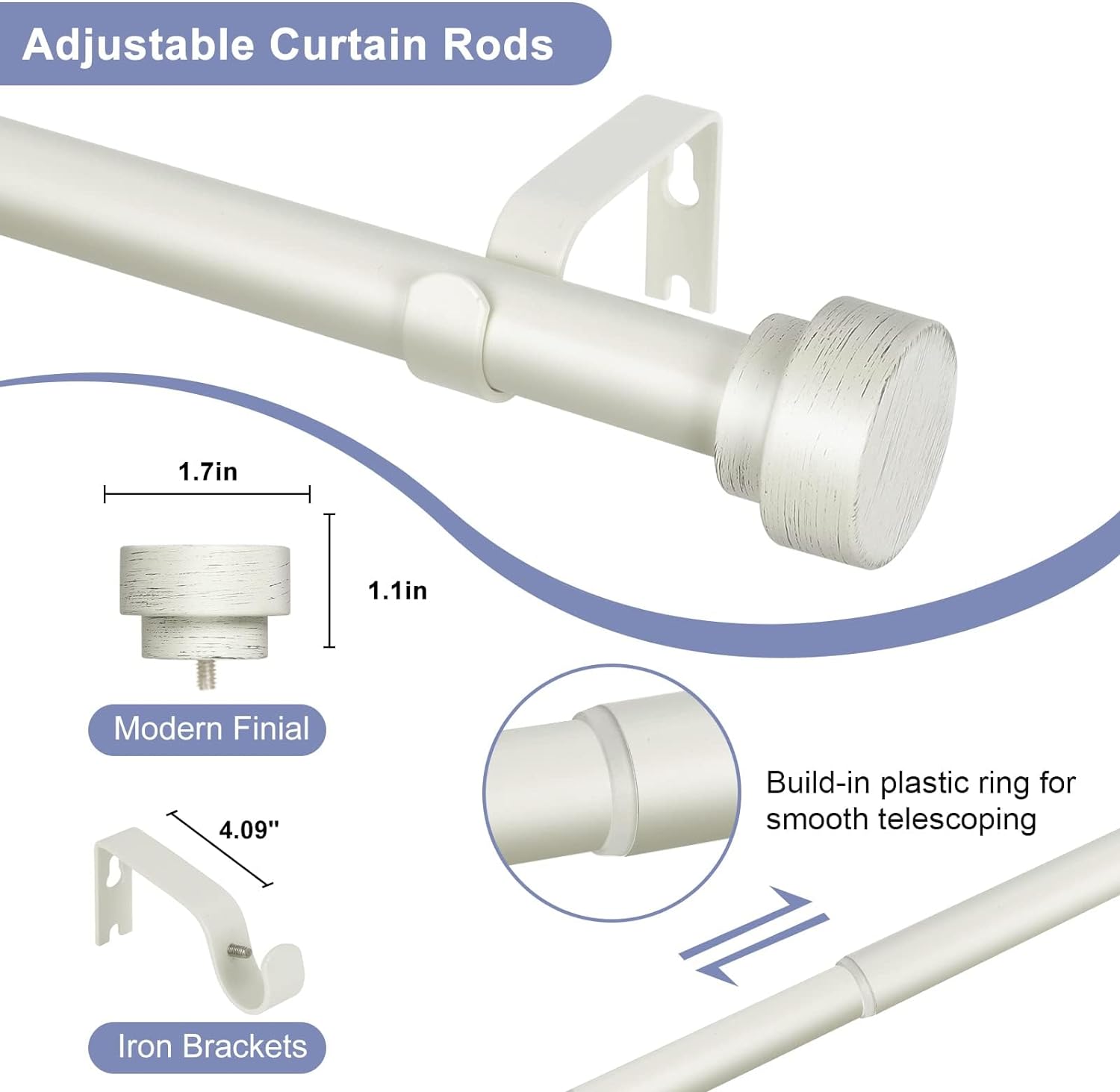 Antique White Curtain Rods for Windows ，1 Inch Telescopic Rod ,Netted Texture Finials Drapery Rods,Bathroom Shower Curtain Rods