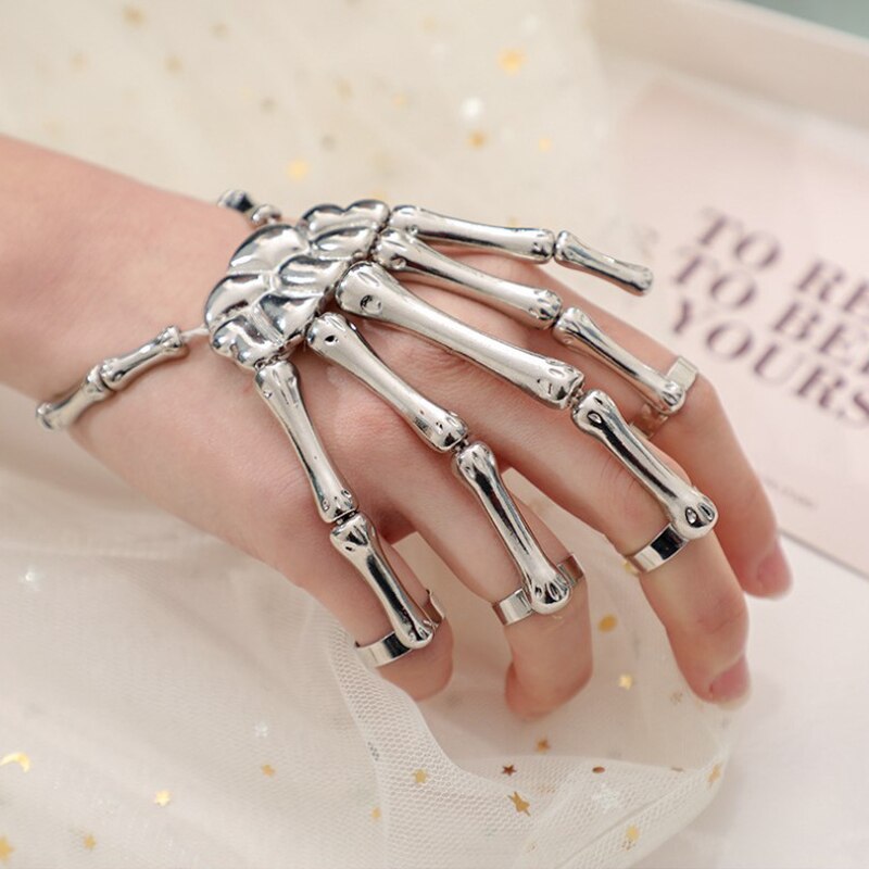 Bracelet d'Halloween de Style Gothique Punk, Accessoire à Main Crâne Squelette, Élastique et Ajustable, Accessoires de Fête, pour Femme: Silver