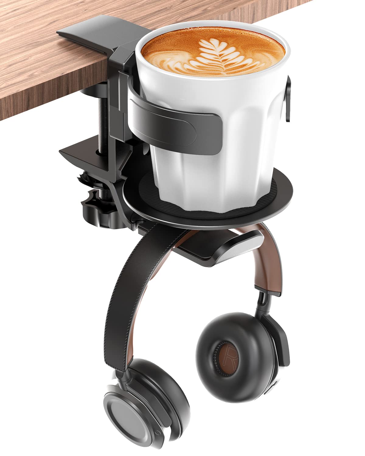 Bureau bekerhouder zwart 2 in 1 - onder tafel hoofdtelefoonhouder mechanisch telescopisch anti-lek bekerholster, 360 ° Rotatiehanger A