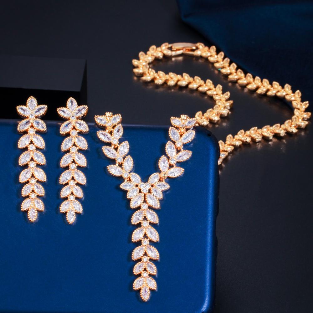 CWWZircons Leaf Shape Dangle Party Earring and Necklace African Nigerian CZ Gold Color Wedding Jewelry Set for Brides T488