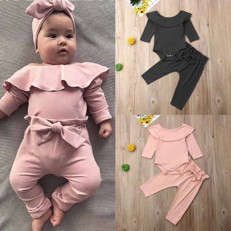 Casual 2 STUKS Peuter Kids Baby Meisjes Ruffle Romper Tops Broek Winter Outfits Kleding Slash Nek Warm meisjes kleding set