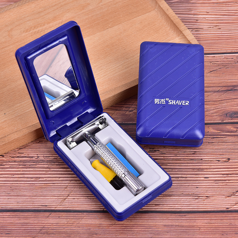 Maquinilla de afeitar Manual para hombres, maquinilla de afeitar de seguridad con doble filo cromado, con 1 y 1 cuchilla estuche de viaje , para el cuidado del cabello y la barba