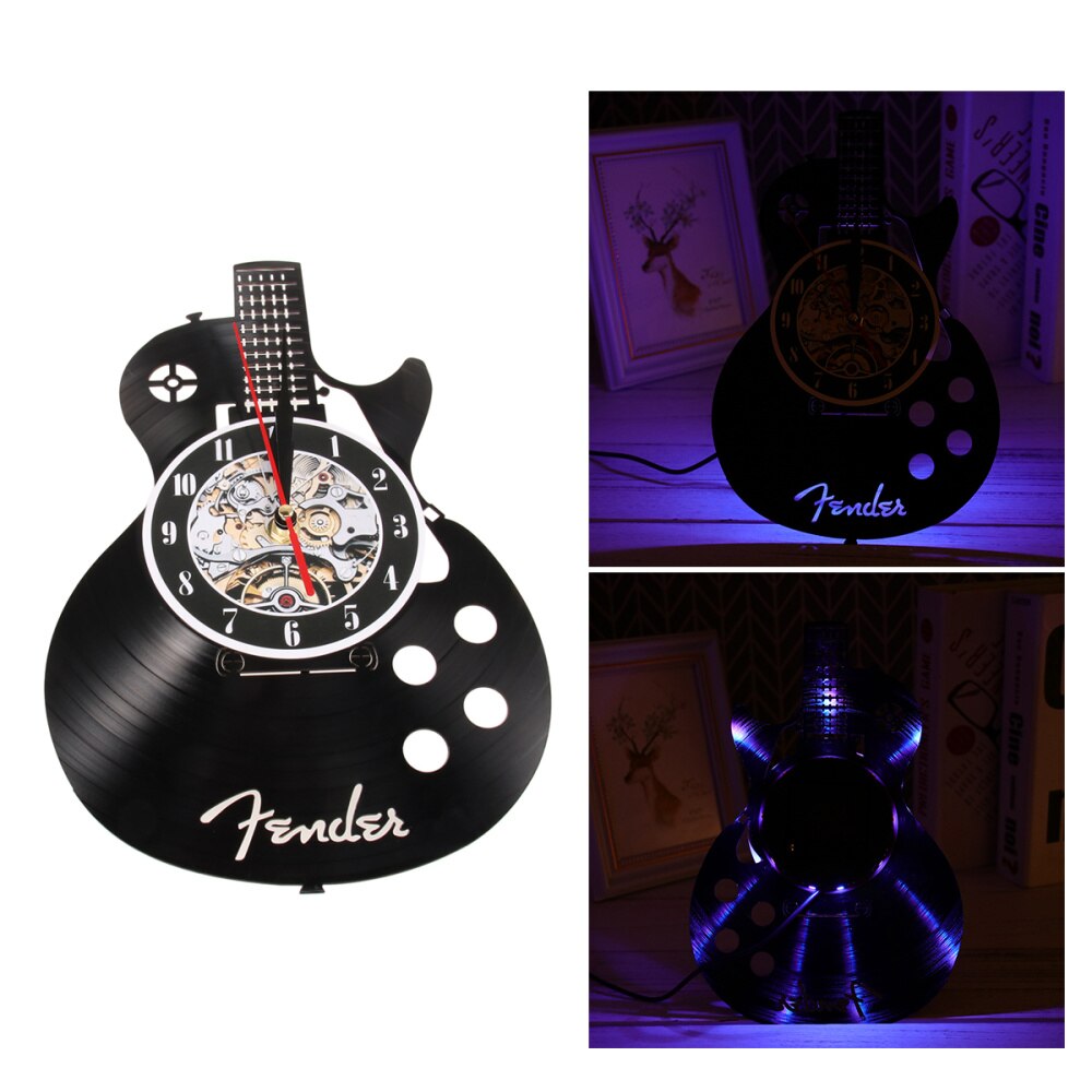 1pc väggklocka elegant vardagsrum vägg hängande klocka vinylskiva väggklocka gitarr form väggklocka dekorativ väggklocka: Svart 4