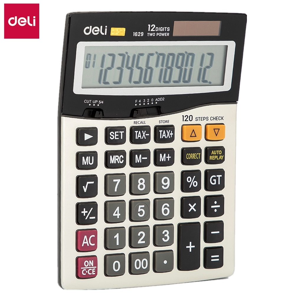 Calculadora Deli E1629, programador universal, 120-comprobar, calculadora de impuestos, batería de 12 dígitos y energía Solar Dual, superficie de Metal para oficina